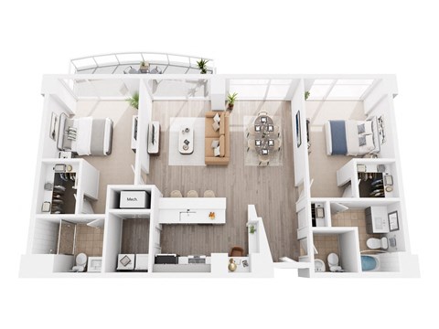 A top-down view of a modern kitchen with white cabinets and appliances.